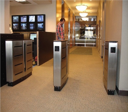 Optical turnstiles controlling pedestrian access inside a commercial building
